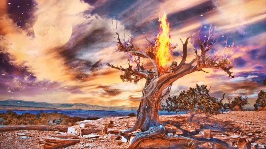 Burning old tree in arid rocky land