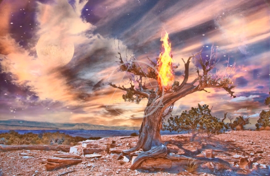 Burning old tree in arid rocky land