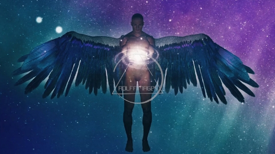 Winged angel being and galaxy