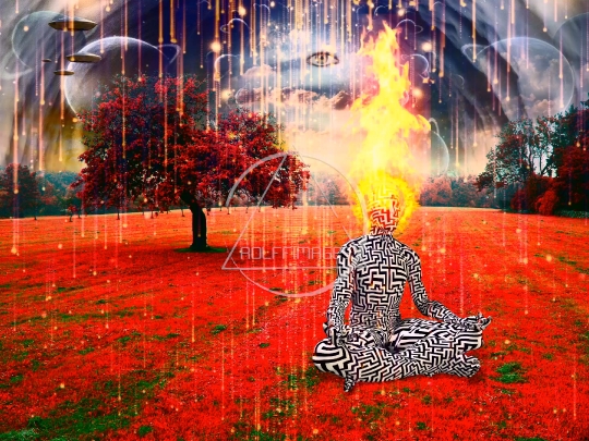 Spiritual composition. Burning head man meditates