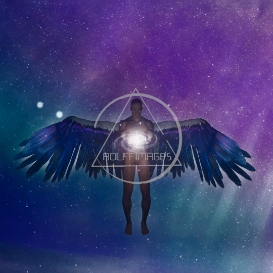 Winged angel being and galaxy